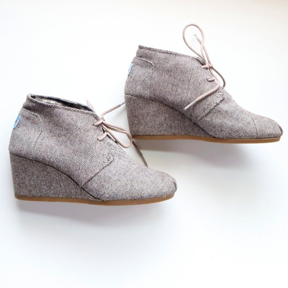 TOMS Taupe Herringbone Wedge Heel Ankle Boots Booties Casual Fall Lace-Up 7.5